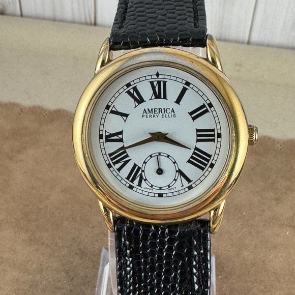 Vintage AMERICA PERRY ELLIS Gold Plated Watch Roman Numerals Sub Dial - Picture 2 of 9